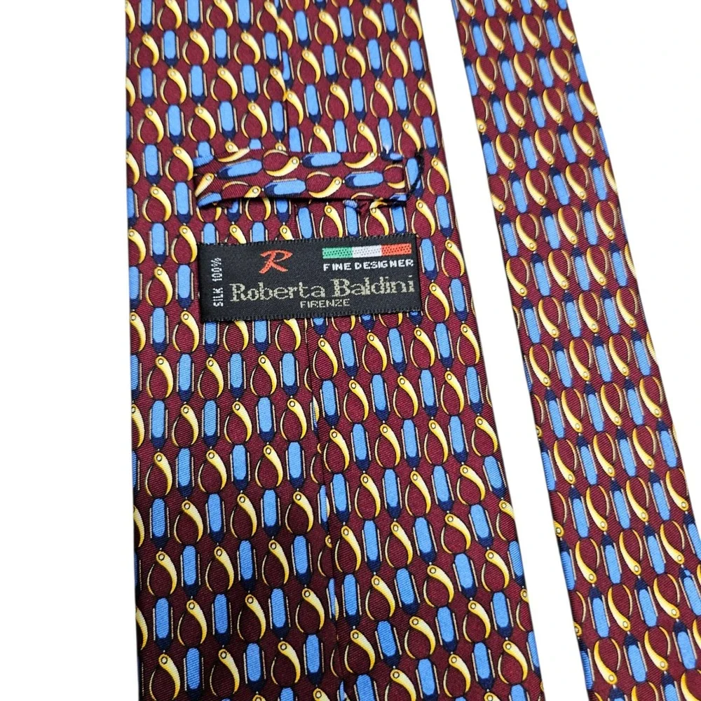 Roberta Baldini Firenze‎ Silk Necktie Burgundy Blue Yellow Geometric Pattern